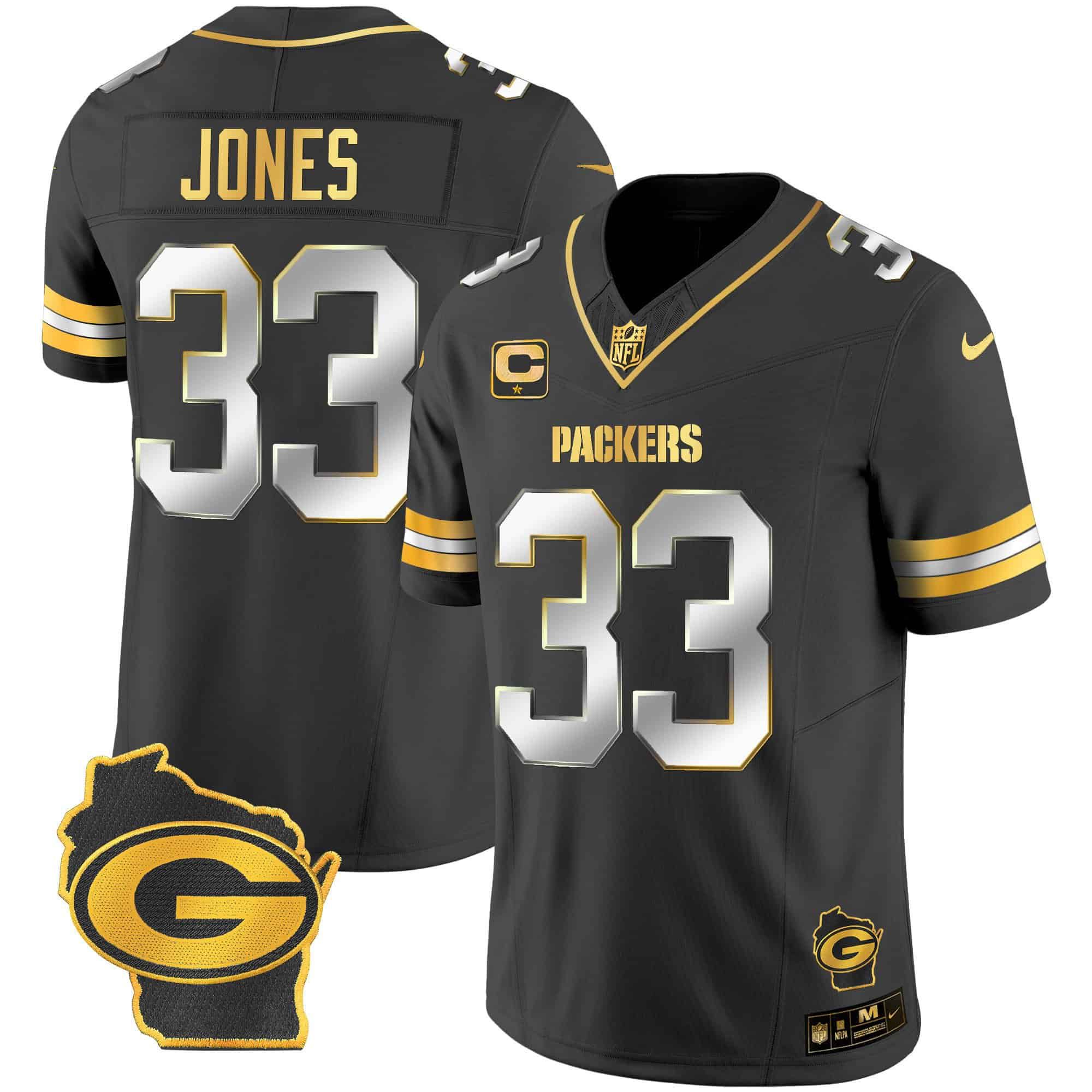 Men Green Bay Packers #33 Jones Black Gold 2024 Nike Home Patch Vapor NFL Jersey style 1